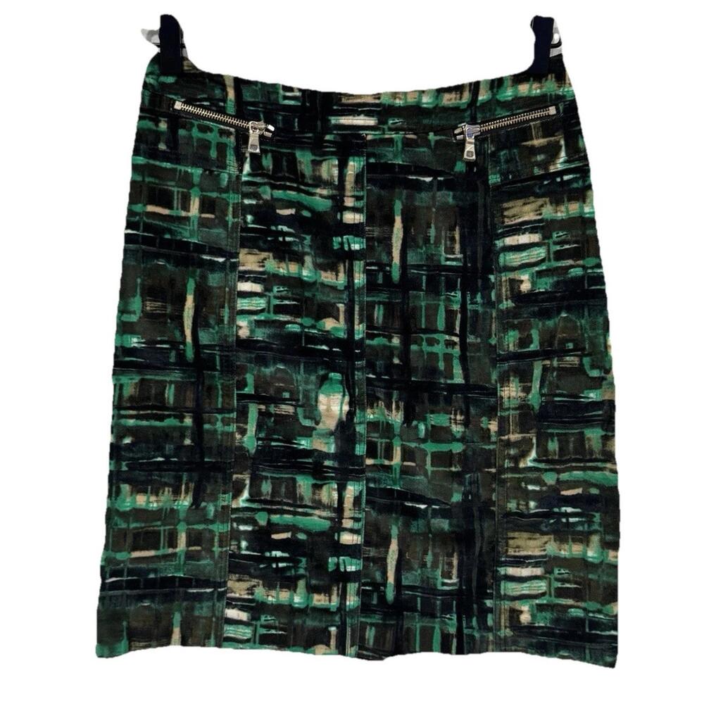 NWOT Etcetera Womens‎ Size 0 Green Black Brushed Pencil Straight Lined Skirt